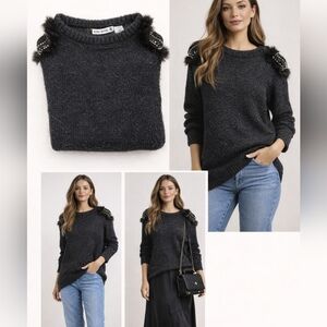 Rino Rossi Embellished Shoulder Sweater Black Charcoal M Cozy Knit